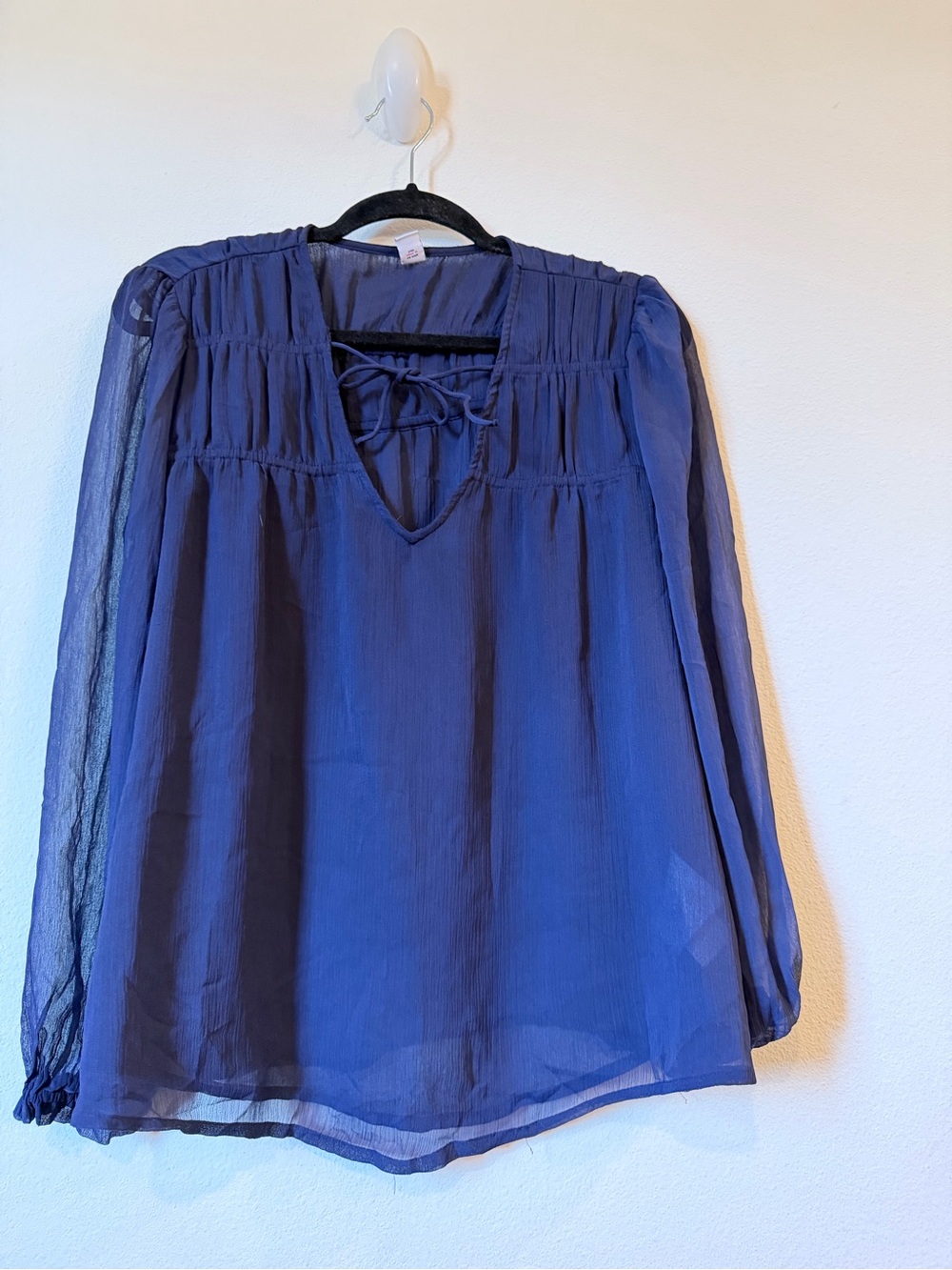 Old Navy Sheer Royal Blue Peasant Blouse with Tie Neck
